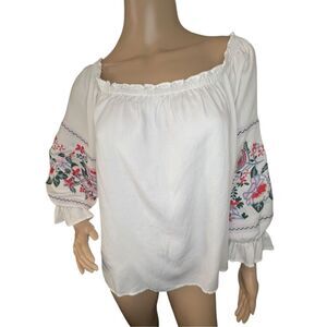 Sugar Lips Off Shoulder Long Sleeve Blouse With Floral Embroidery